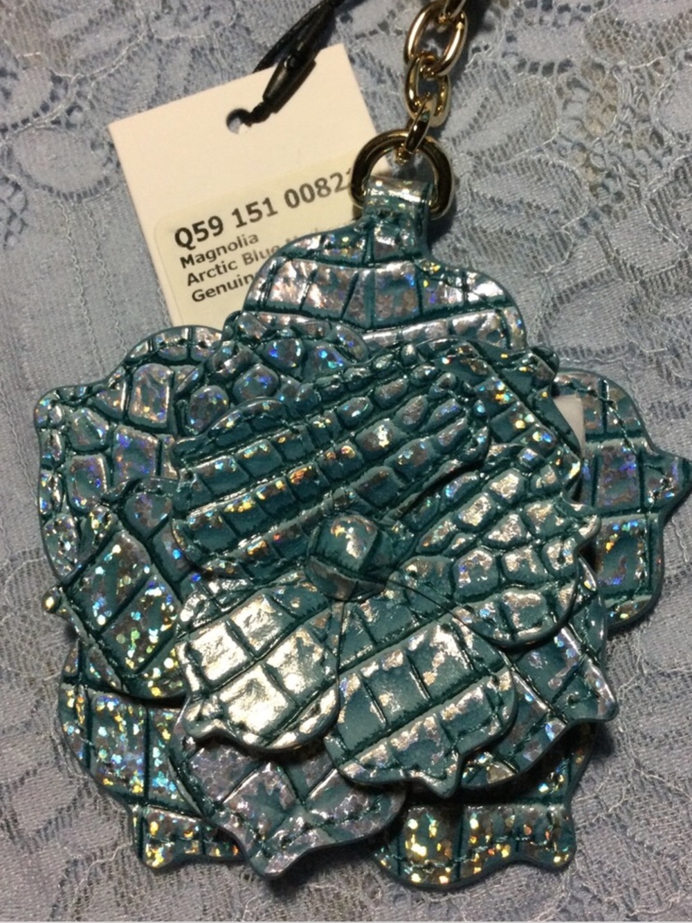 NWT BRAHMIN Magnolia Arctic Blue Floral Keychain Charm - Genuine Leather